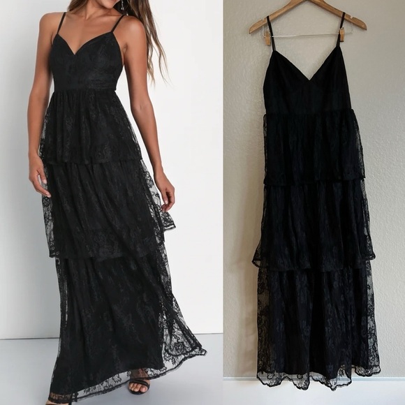 NWOT Tier I Go Black Lace V-Neck Sleeveless Tiered Maxi Dress - Picture 1 of 8